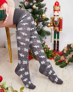 Damskie świąteczne skarpety za kolano w kolorze ciemnoszarym- Bielizna