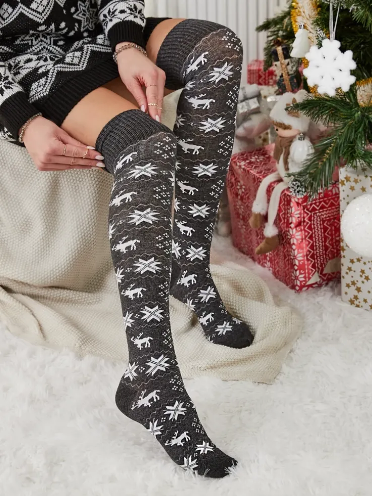 Damskie świąteczne skarpety za kolano w kolorze ciemnoszarym- Bielizna