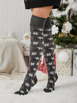 Damskie świąteczne skarpety za kolano w kolorze ciemnoszarym- Bielizna