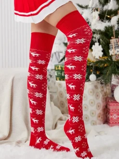 Damskie świąteczne skarpety za kolano w kolorze czerwonym- Bielizna