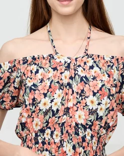 Długa letnia granatowa sukienka damska w koralowe kwiaty- Odzież