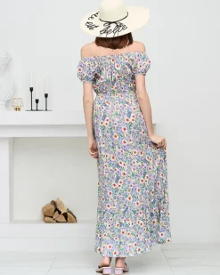 Długa letnia zielona sukienka damska w fioletowe kwiaty- Odzież