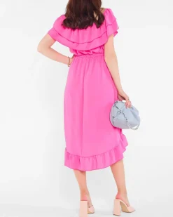 Fuksjowa damska sukienka z falbankami - Odzież
