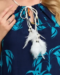 Granatowa damska letnia sukienka z motywem roślinnym- Odzież