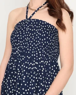 Granatowa damska sukienka midi w groszki PLUS SIZE - Odzież