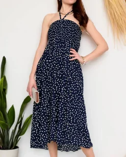 Granatowa damska sukienka midi w groszki PLUS SIZE - Odzież