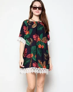 Granatowa tunika damska w kwiatki - Odzież