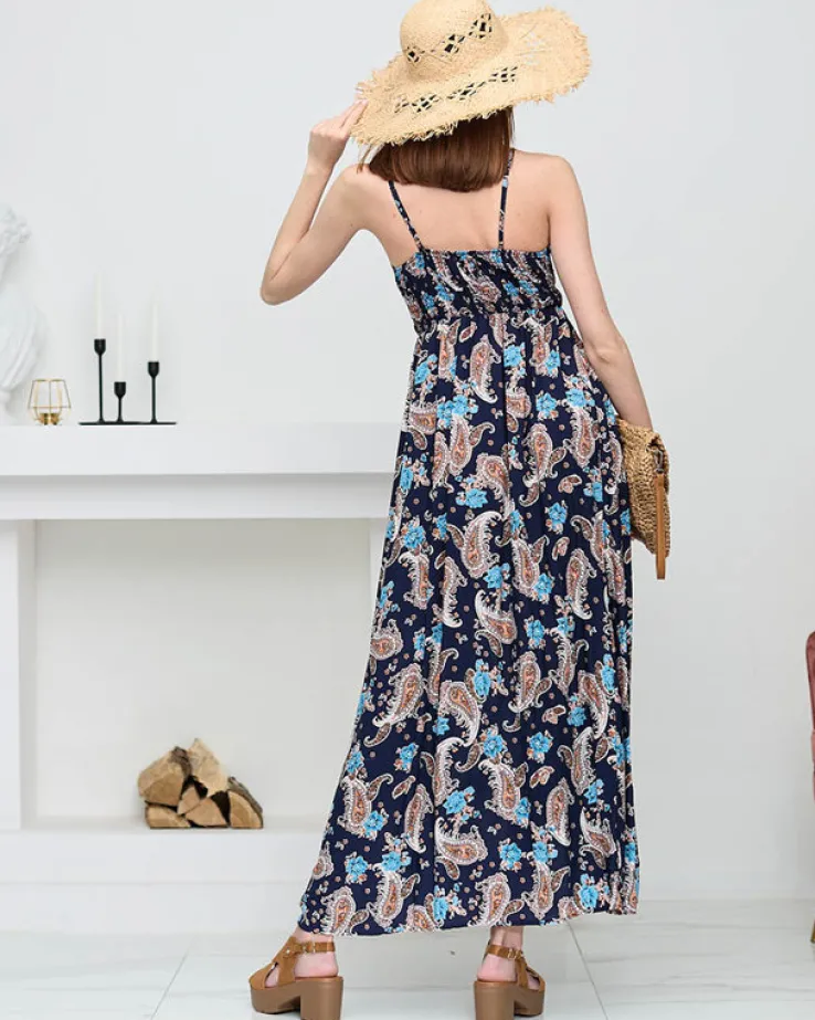 Granatowa zwiewna damska sukienka maxi - Odzież