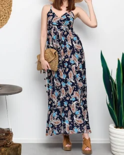 Granatowa zwiewna damska sukienka maxi - Odzież