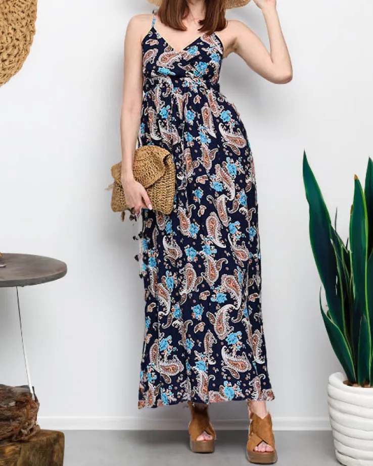 Granatowa zwiewna damska sukienka maxi - Odzież