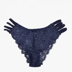 Granatowe koronkowe majtki damskie typu brazyliany z paseczkami - Bielizna