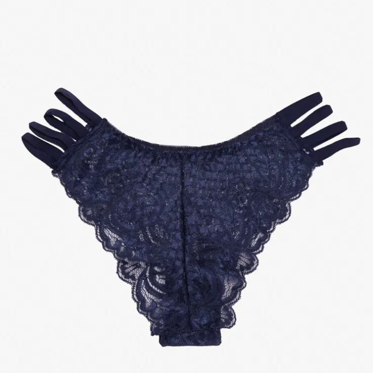 Granatowe koronkowe majtki damskie typu brazyliany z paseczkami - Bielizna