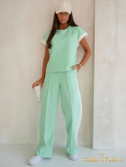 Komplet damski Ariadne Mint z bawełny elastycznej – mięta, krótki rękaw, długie spodnie