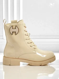 Lakierowane sznurowane botki damskie Kalen