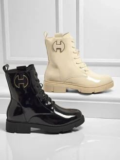 Lakierowane sznurowane botki damskie Kalen