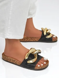 Letnie klapki Ariadne Royalfashion z dużym złotym łańcuchem, czarna skóra