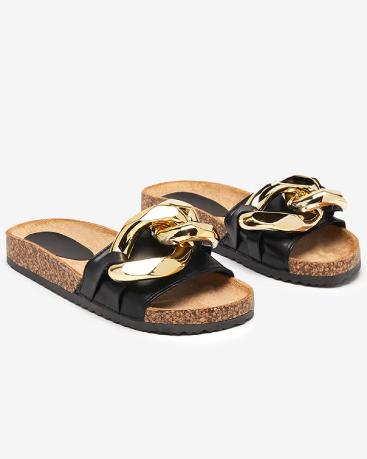 Letnie klapki Ariadne Royalfashion z dużym złotym łańcuchem, czarna skóra