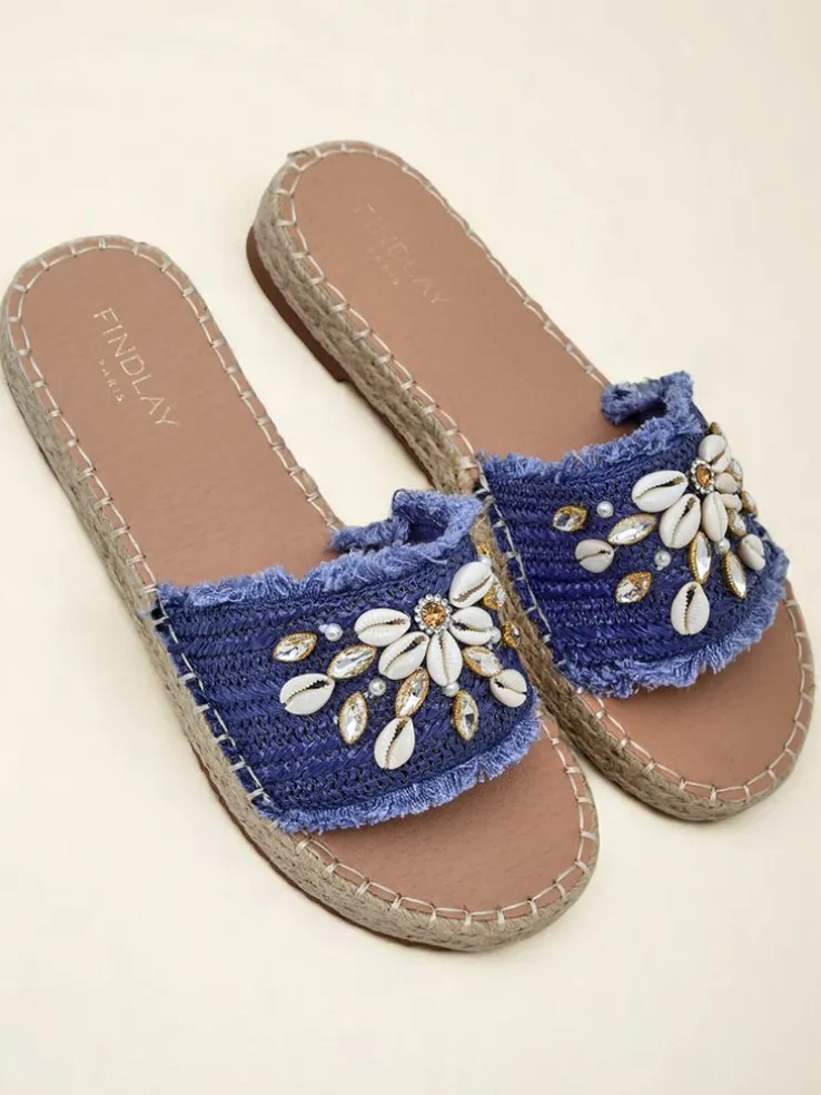 Letnie klapki Royalfashion Calista – jasnoniebieskie z muszelkami na płaskiej podeszwie