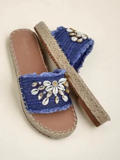 Letnie klapki Royalfashion Calista – jasnoniebieskie z muszelkami na płaskiej podeszwie