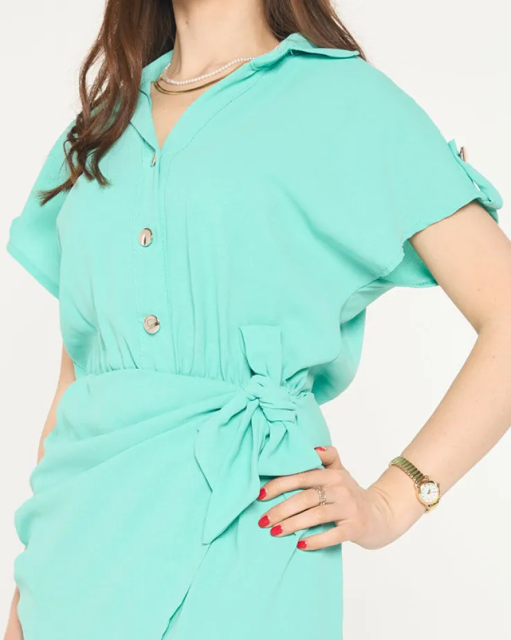 Miętowa damska mini sukienka z wiązaniem - Odzież