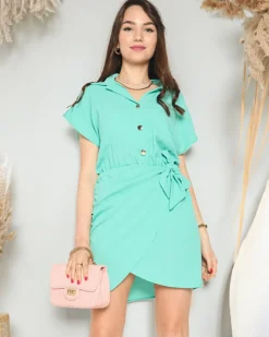Miętowa damska mini sukienka z wiązaniem - Odzież