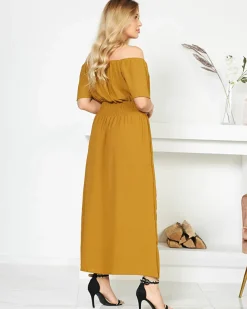 Musztardowa sukienka maxi z gumką w pasie- Odzież