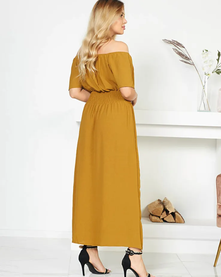 Musztardowa sukienka maxi z gumką w pasie- Odzież