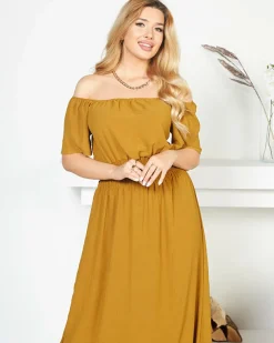 Musztardowa sukienka maxi z gumką w pasie- Odzież