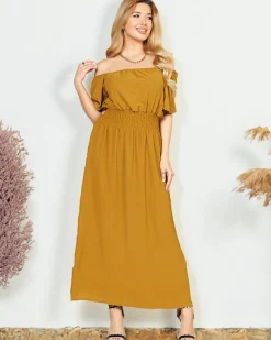 Musztardowa sukienka maxi z gumką w pasie- Odzież