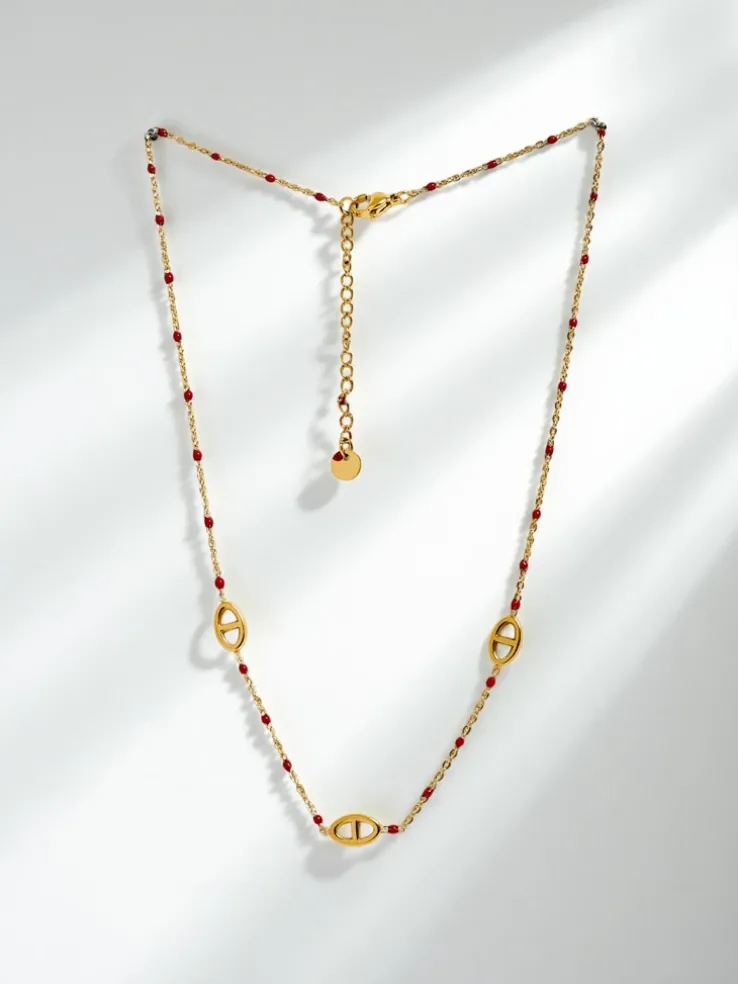 Naszyjnik złocony Perla Aurelia z czerwonymi koralikami i medalionami