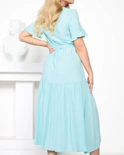 Niebieska damska maxi sukienka z wiązaniem - Odzież