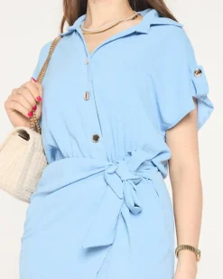 Niebieska damska mini sukienka z wiązaniem - Odzież