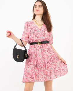 Różowa damska mini sukienka we wzorki - Odzież