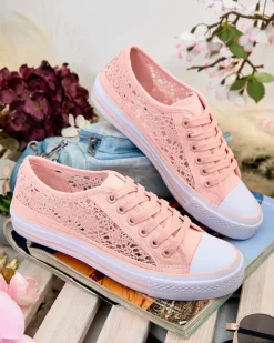 Różowe trampki damskie Tkanina Kalipso – ażurowe sneakersy na płaskiej podeszwie