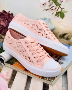 Różowe trampki damskie Tkanina Kalipso – ażurowe sneakersy na płaskiej podeszwie