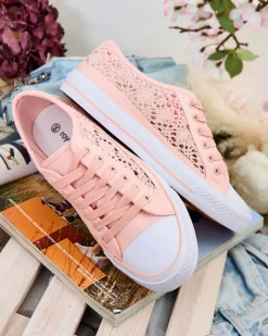 Różowe trampki damskie Tkanina Kalipso – ażurowe sneakersy na płaskiej podeszwie