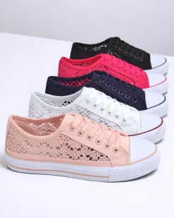 Różowe trampki damskie Tkanina Kalipso – ażurowe sneakersy na płaskiej podeszwie