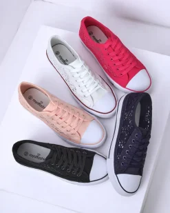 Różowe trampki damskie Tkanina Kalipso – ażurowe sneakersy na płaskiej podeszwie