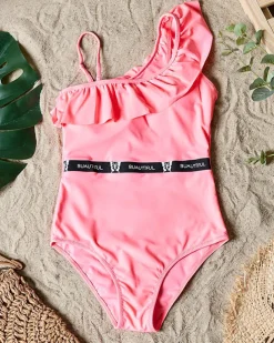 Różowy jednoczęściowy kostium kąpielowy damski z falbanką - Bielizna