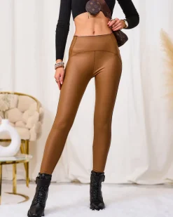 Royalfashion Damskie eko-skórzane legginsy w kolorze camel