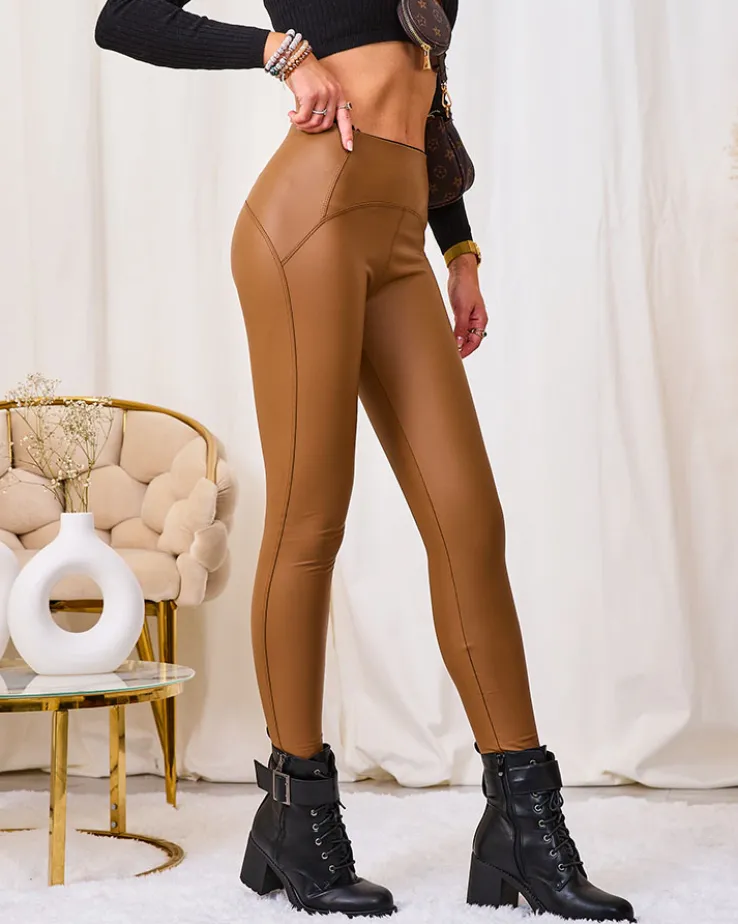 Royalfashion Damskie eko-skórzane legginsy w kolorze camel