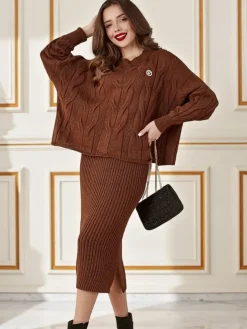 Royalfashion Akrylowy pleciony komplet damski ze swetrem i spódnicą Warm&Fuzzy