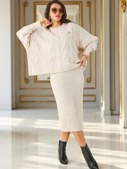 Royalfashion Akrylowy pleciony komplet damski ze swetrem i spódnicą Warm&Fuzzy