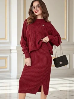 Royalfashion Akrylowy pleciony komplet damski ze swetrem i spódnicą Warm&Fuzzy