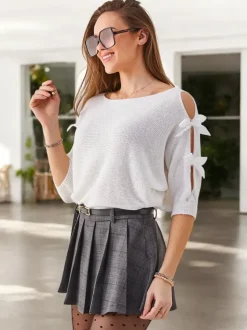 Royalfashion Akrylowy sweter damski z ozdobnymi rękawami z kokardkami