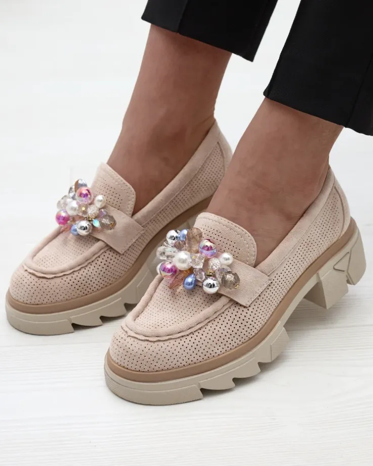 Royalfashion Ażurowe beżowe mokasyny damskie Peloga