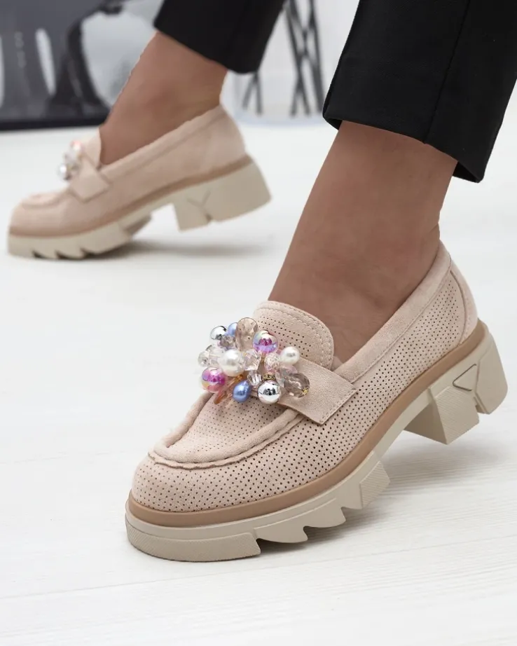 Royalfashion Ażurowe beżowe mokasyny damskie Peloga