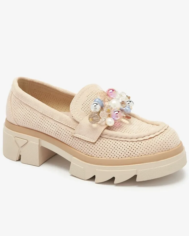 Royalfashion Ażurowe beżowe mokasyny damskie Peloga