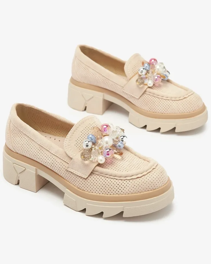 Royalfashion Ażurowe beżowe mokasyny damskie Peloga