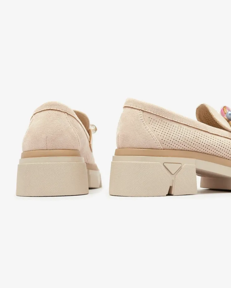 Royalfashion Ażurowe beżowe mokasyny damskie Peloga